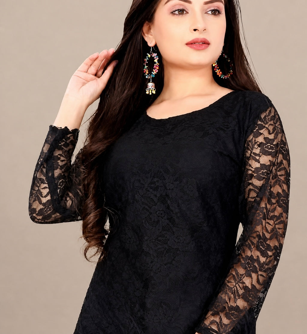 Women Black Designer Lace Kurti